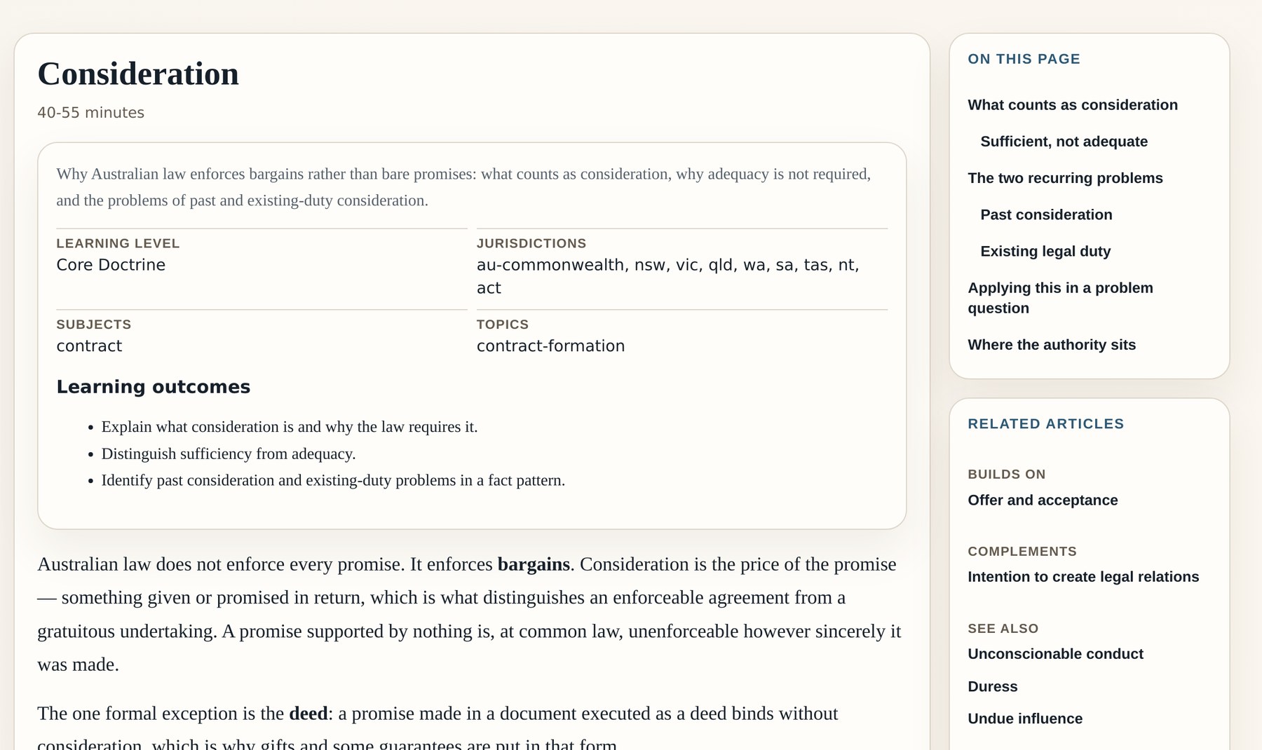 The Legal Learning Bench reading view: the Consideration article showing its learning level, jurisdictions and learning outcomes, alongside on-this-page and related-article sidebars.